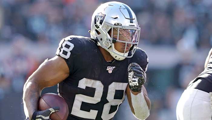 Nov 17, 2019; Oakland, CA, USA; Oakland Raiders running back Josh Jacobs (28) runs with the ball during the second quarter against the Cincinnati Bengals at Oakland Coliseum. Mandatory Credit: Darren Yamashita-USA TODAY Sports